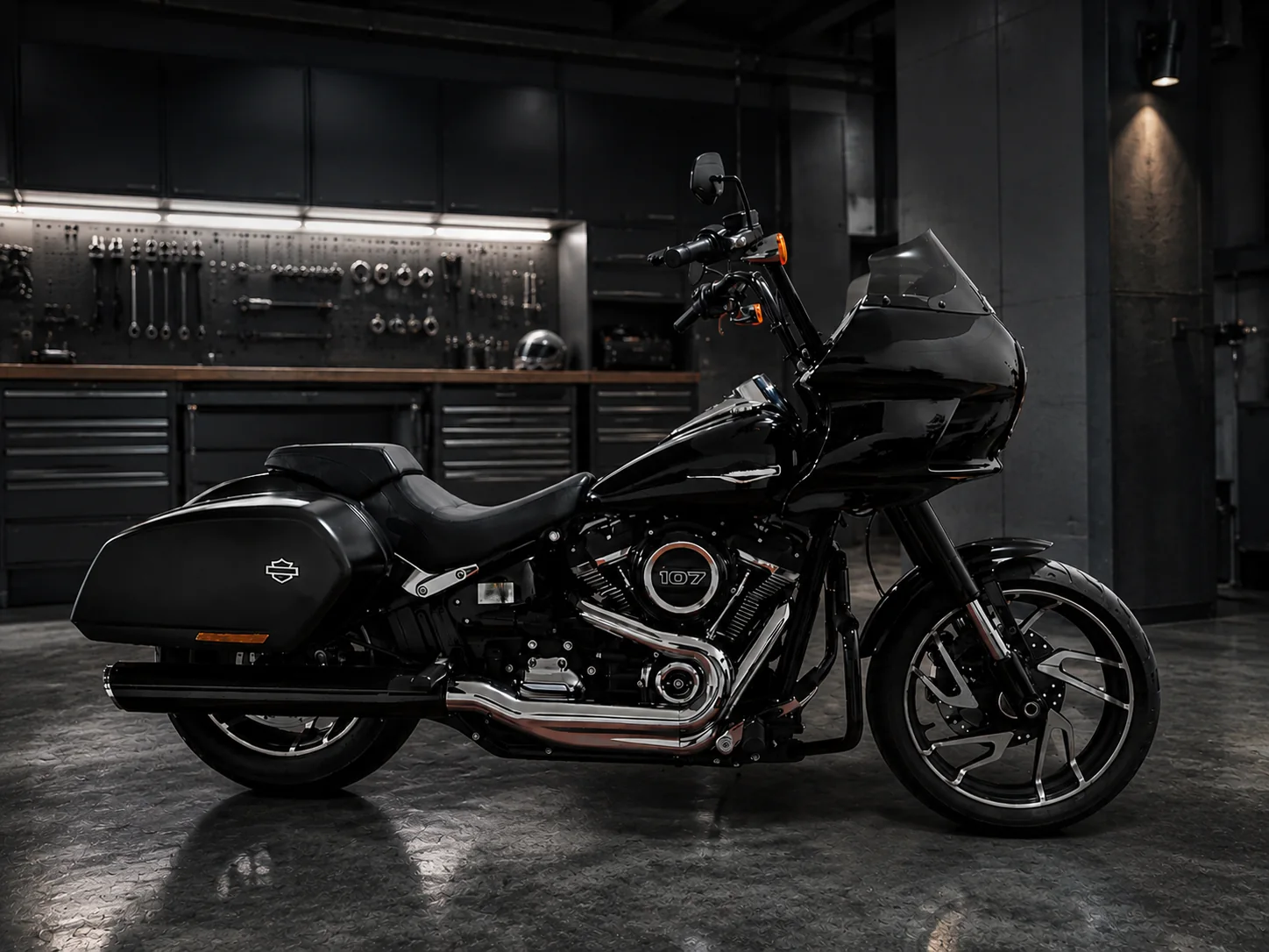 Sport Glide preta com fairing FXRT em vista lateral de oficina