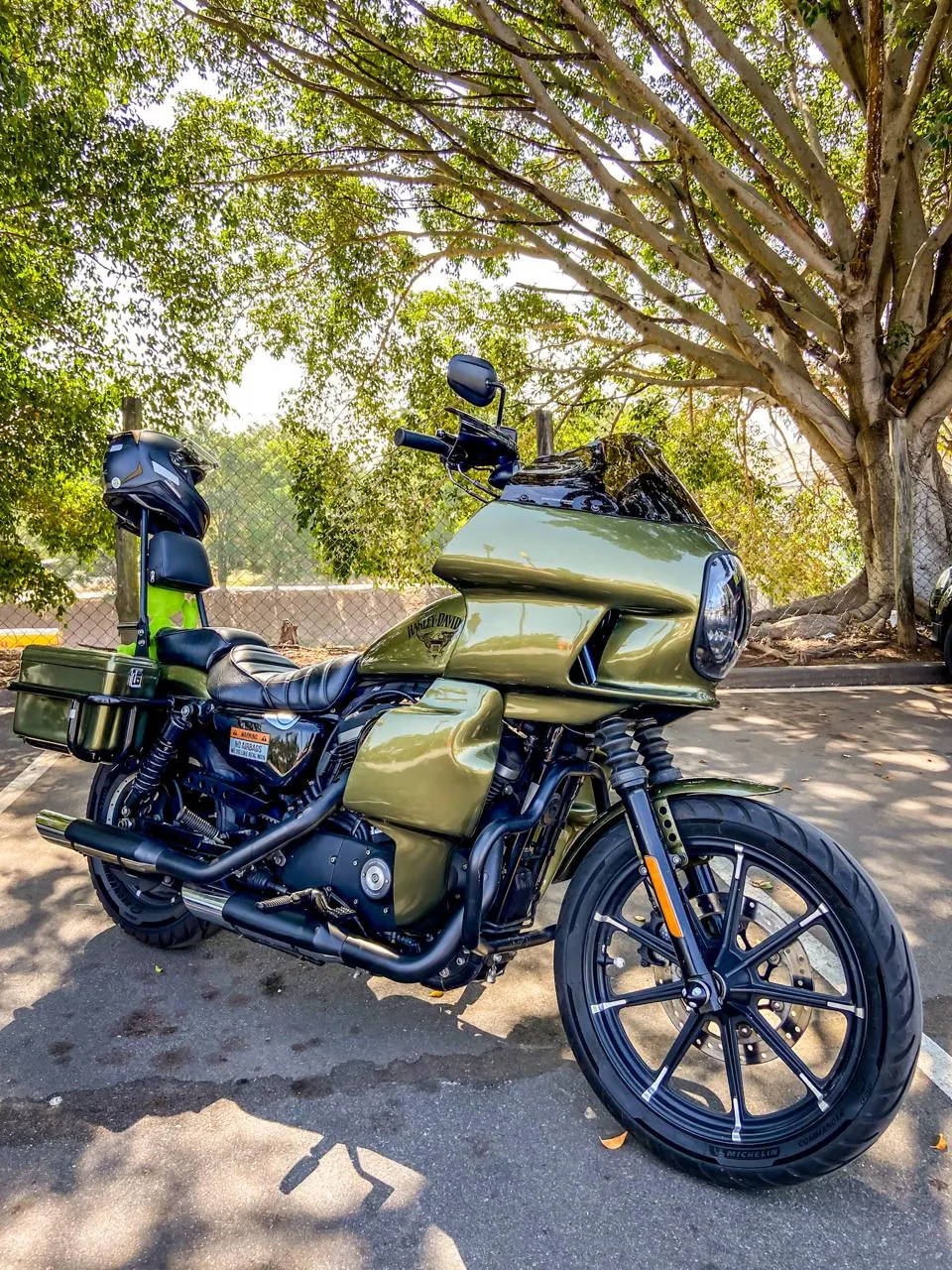 Sportster verde com fairing em vista lateral sob árvores